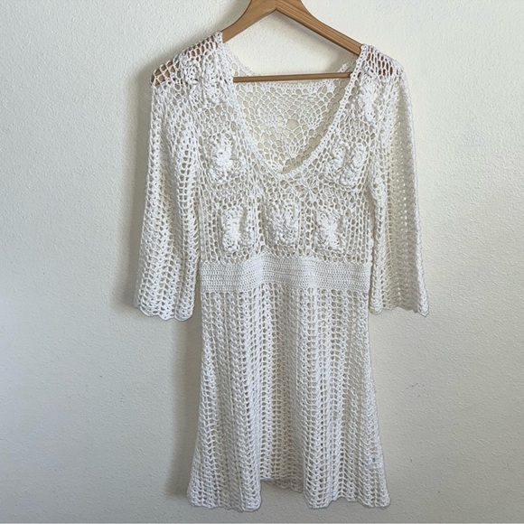 Vintage White Bohemian Y2K 90s White Crochet Bell Sleeves Mini Dress - Picture 6 of 12